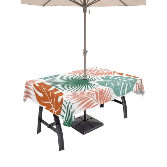 Outdoor Tablecloths with Umbrella Hole & Zipper, Turquoise Orange Palm Leaves Rectangle Tablecloth 52x70 Inch, Tropical Botanical Summer Waterproof Table Cloth, Patio/Pool/Picnic Table Covers