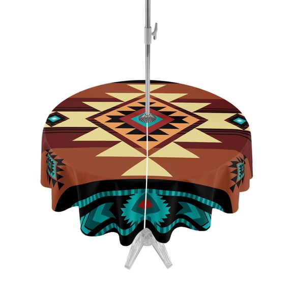 Outdoor Tablecloths with Umbrella Hole & Zipper, Turquoise Red Round Tablecloth 54 Inch, Southwest American Native Abstract Pattern Waterproof Table Cloth, Patio/Pool/Picnic Table Covers