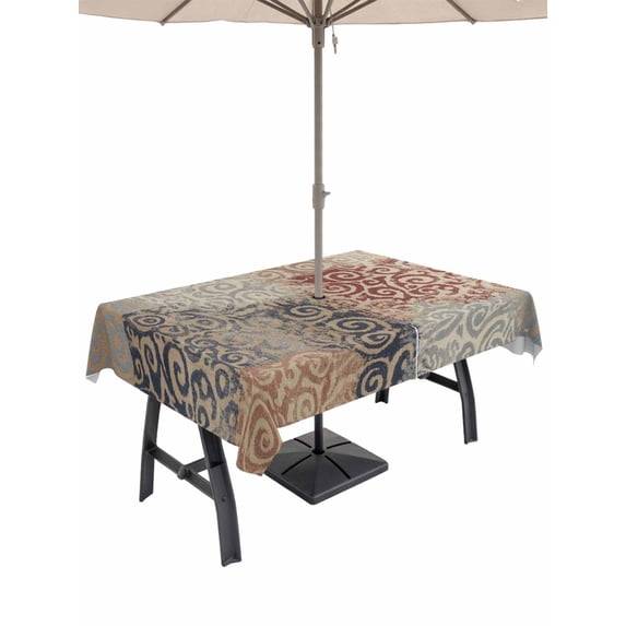 Outdoor Tablecloths with Umbrella Hole & Zipper, Vintage Abstract Rectangle Tablecloth 60x120 Inch, Retro Classic Pattern Texture Brown Waterproof Table Cloth, Patio/Pool/Picnic Table Covers