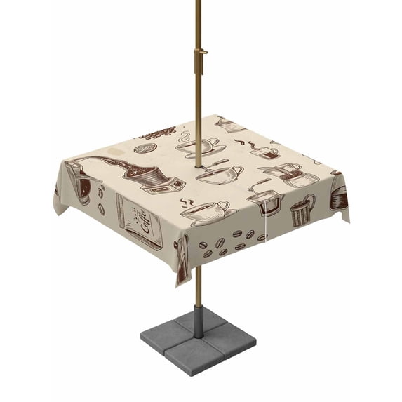 Outdoor Tablecloths with Umbrella Hole & Zipper, Vintage Cafe 54x54 Inch Square Tablecloths, Coffee Making Tools Beans Cups Moka Pot Tan Waterproof Table Cloth, Patio/Pool/Picnic Table Covers