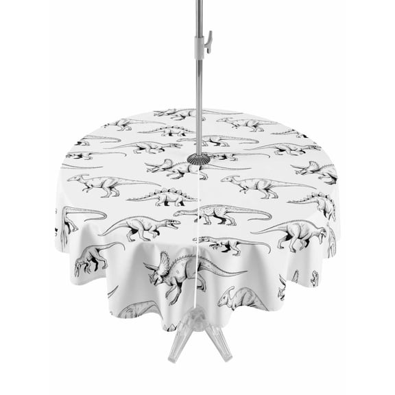 Outdoor Tablecloths with Umbrella Hole & Zipper, Vintage Dinosaur Round Tablecloth 54 Inch, Primitive Animals Wildlife Hand-painting Waterproof Table Cloth, Patio/Pool/Picnic Table Covers