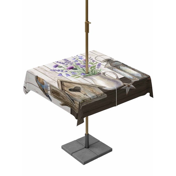 Outdoor Tablecloths with Umbrella Hole & Zipper, Vintage Flowers 54x54 Inch Square Tablecloths, Wooden Birds Retro Art Farmhouse Waterproof Table Cloth, Patio/Pool/Picnic Table Covers