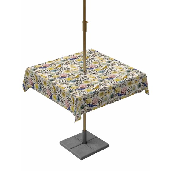 Outdoor Tablecloths with Umbrella Hole & Zipper, Vintage Flowers 60x60 Inch Square Tablecloths, Spring Yellow Floral Country Leaves Blue Birds Waterproof Table Cloth, Patio/Pool Table Covers