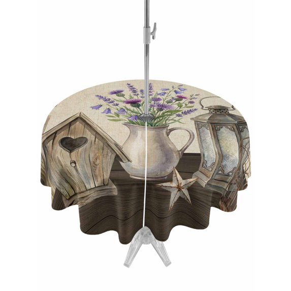 Outdoor Tablecloths with Umbrella Hole & Zipper, Vintage Flowers Round Tablecloth 54 Inch, Birds Retro Art Elegant Farmhouse Rustic Waterproof Table Cloth, Patio/Pool/Picnic Table Covers