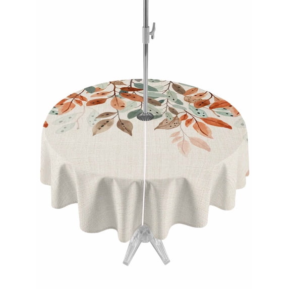 Outdoor Tablecloths with Umbrella Hole & Zipper, Vintage Leaves Round Tablecloth 54 Inch, Summer Botanical Pastoral Watercolor Rustic Waterproof Table Cloth, Patio/Pool/Picnic Table Covers