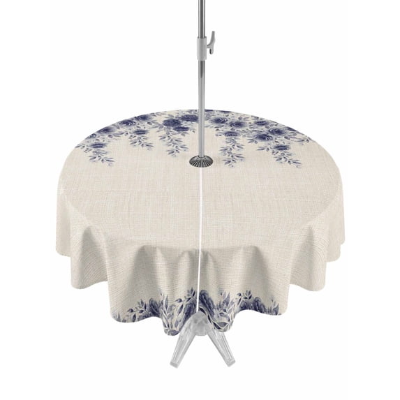 Outdoor Tablecloths with Umbrella Hole & Zipper, Vintage Navy Blue Roses Round Tablecloth 54 Inch, Spring Floral Elegant Pastoral Retro Art Waterproof Table Cloth, Patio/Pool/Picnic Table Covers