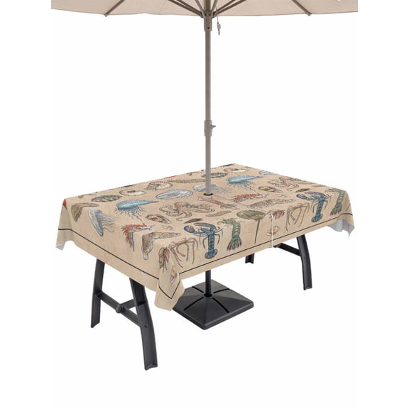 Outdoor Tablecloths with Umbrella Hole & Zipper, Vintage Ocean Rectangle Tablecloth 52x70 Inch, Brown Coastal Starfish Jellyfish Aquatic Animals Waterproof Table Cloth, Patio/Pool Table Covers