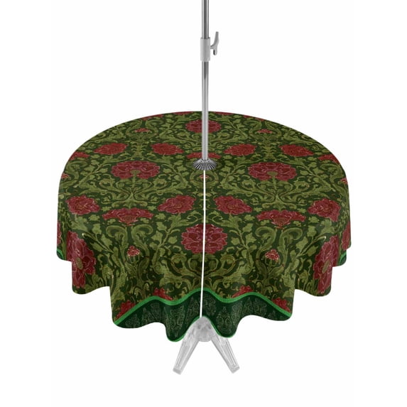 Outdoor Tablecloths with Umbrella Hole & Zipper, Vintage Red Roses Round Tablecloth 54 Inch, Green Abstract Art Floral Ethnic Waterproof Table Cloth, Patio/Pool/Picnic Table Covers