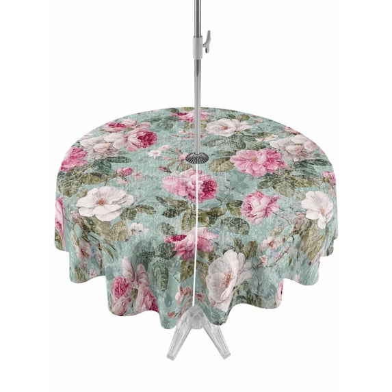 Outdoor Tablecloths with Umbrella Hole & Zipper, Vintage Spring Floral Round Tablecloths 60 Inch, Botanical Summer Pink Green Waterproof Table Cloth, Patio/Pool/Picnic Table Covers