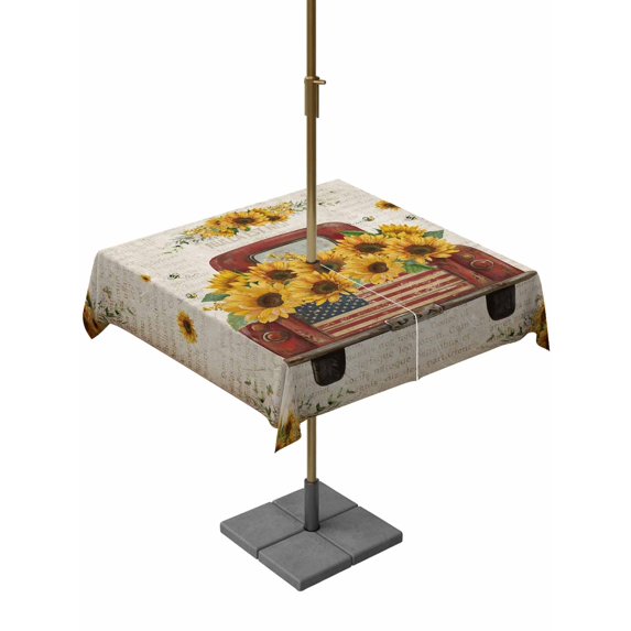 Outdoor Tablecloths with Umbrella Hole & Zipper, Vintage Sunflower Truck 54x54 Inch Square Tablecloths, Summer Botanical Pastoral Retro Art Waterproof Table Cloth, Patio/Pool/Picnic Table Covers