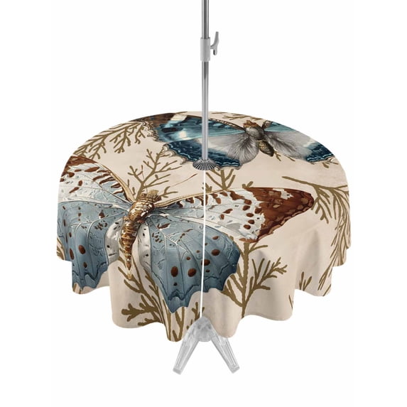 Outdoor Tablecloths with Umbrella Hole & Zipper, Vintage Teal Butterfly Round Tablecloths 60 Inch, Vintage Brown Tree Branch Waterproof Table Cloth, Patio/Pool/Picnic Table Covers