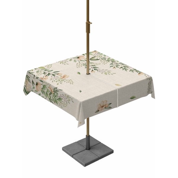 Outdoor Tablecloths with Umbrella Hole & Zipper, Watercolor Floral 60x60 Inch Square Tablecloths, Spring Leaves Flowers Botanical Beige Waterproof Table Cloth, Patio/Pool/Picnic Table Covers