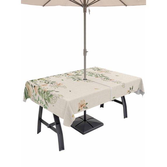 Outdoor Tablecloths with Umbrella Hole & Zipper, Watercolor Floral Rectangle Tablecloth 52x70 Inch, Spring Leaves Flowers Botanical Beige Waterproof Table Cloth, Patio/Pool/Picnic Table Covers