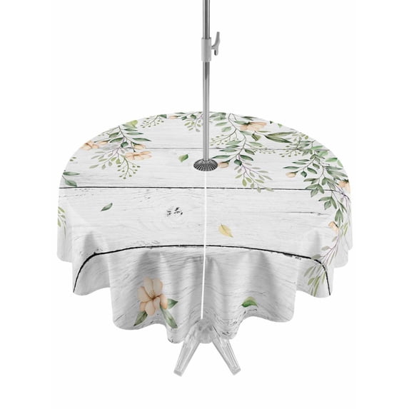 Outdoor Tablecloths with Umbrella Hole & Zipper, Watercolor Floral Round Tablecloth 54 Inch, Spring Flowers Leaves Botanical Wood Grain Waterproof Table Cloth, Patio/Pool/Picnic Table Covers
