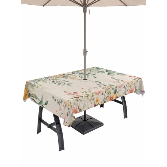 Outdoor Tablecloths with Umbrella Hole & Zipper, Watercolor Floral Tablecloth Rectangle 60x84 Inch, Spring Roses Eucalyptus Leaf Plants Beige Waterproof Table Cloth, Patio/Pool/Picnic Table Covers