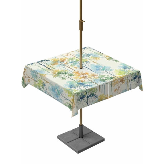 Outdoor Tablecloths with Umbrella Hole & Zipper, Watercolor Forest Colorful 54x54 Inch Square Tablecloths, Abstract Art Modern Trees Waterproof Table Cloth, Patio/Pool/Picnic Table Covers