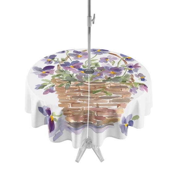 Outdoor Tablecloths with Umbrella Hole & Zipper, Watercolor Purple Floral Round Tablecloths 60 Inch, Spring Flower Basket Botanical Waterproof Table Cloth, Patio/Pool/Picnic Table Covers