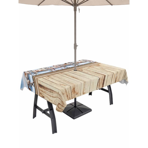 Outdoor Tablecloths with Umbrella Hole & Zipper, Western Horse Rectangle Tablecloth 60x120 Inch, Farmhouse Wooden Grain Vintage Cowboy Barn Door Waterproof Table Cloth, Patio/Pool Table Covers