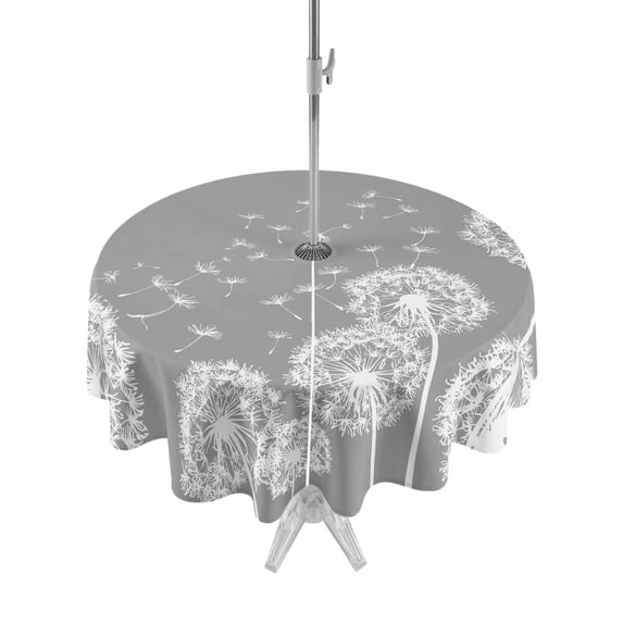 Outdoor Tablecloths with Umbrella Hole & Zipper, White Dandelion Round Tablecloth 54 Inch, Spring Plants Flowers Vintage Gray Waterproof Table Cloth, Patio/Pool/Picnic Table Covers