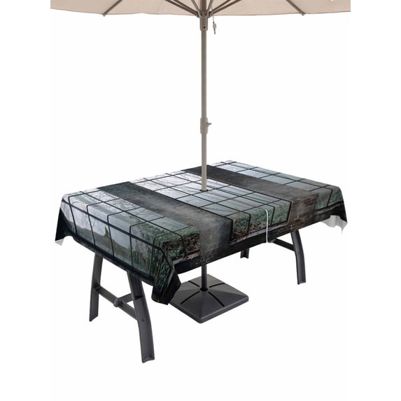 Outdoor Tablecloths with Umbrella Hole & Zipper, Window Forest 60 x102 Inch Rectangle Tablecloths, Vintage Arched Black Green Waterproof Table Cloth, Patio/Pool/Picnic Table Covers