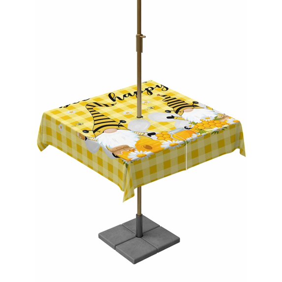 Outdoor Tablecloths with Umbrella Hole & Zipper, Yellow Bees Gnomes 54x54 Inch Square Tablecloths, Spring Floral Plaid Farmhouse Waterproof Table Cloth, Patio/Pool/Picnic Table Covers