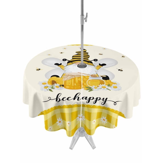 Outdoor Tablecloths with Umbrella Hole & Zipper, Yellow Bees Gnomes Round Tablecloth 54 Inch, Farmhouse Spring Floral Checkered Waterproof Table Cloth, Patio/Pool/Picnic Table Covers