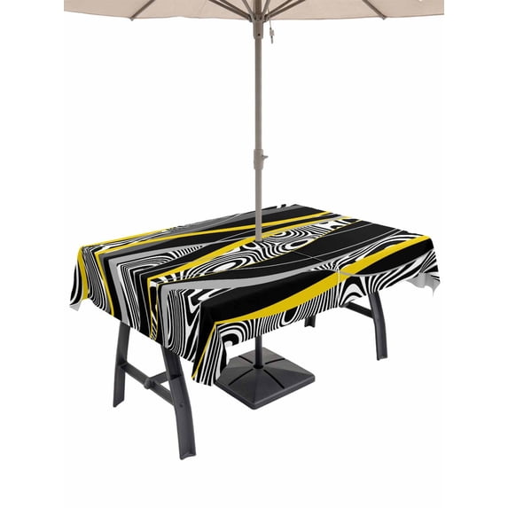 Outdoor Tablecloths with Umbrella Hole & Zipper, Yellow Black Stripes Rectangle Tablecloth 60x120 Inch, Modern Grey Ombre Abstract Striped Waterproof Table Cloth, Patio/Pool/Picnic Table Covers