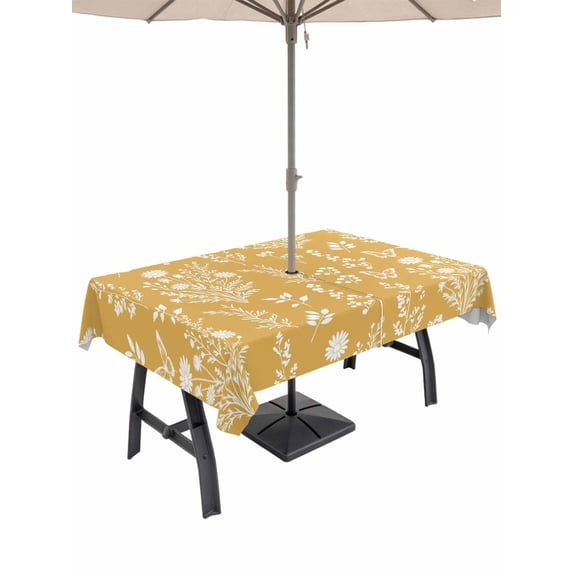 Outdoor Tablecloths with Umbrella Hole & Zipper, Yellow Botanical Rectangle Tablecloth 52x70 Inch, Spring Summer Chic Wildflowers Waterproof Table Cloth, Patio/Pool/Picnic Table Covers
