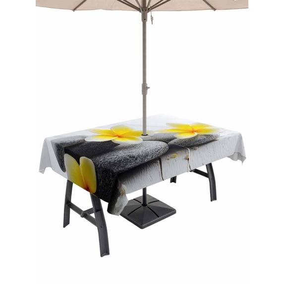 Outdoor Tablecloths with Umbrella Hole & Zipper, Yellow Egg Flowers Rectangle Tablecloth 52x70 Inch, Plumeria Floral Stone Country Waterproof Table Cloth, Patio/Pool/Picnic Table Covers