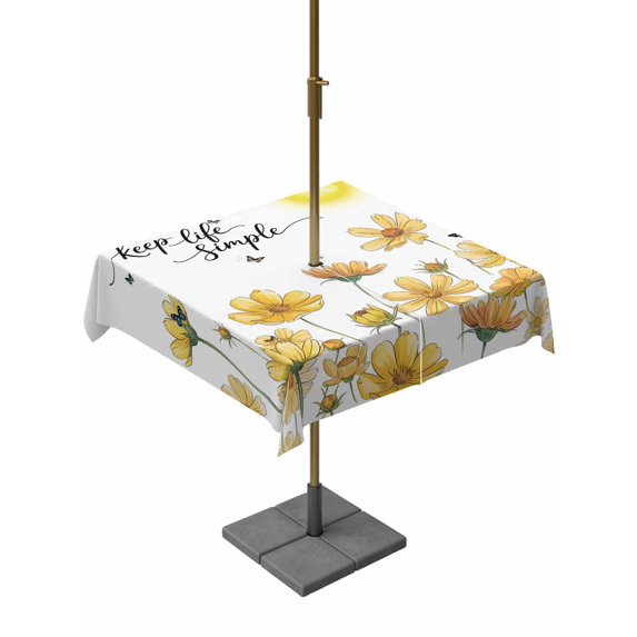 Outdoor Tablecloths with Umbrella Hole & Zipper, Yellow Flowers 60x60 Inch Square Tablecloths, Elegant Spring Floral Butterflies Waterproof Table Cloth, Patio/Pool/Picnic Table Covers
