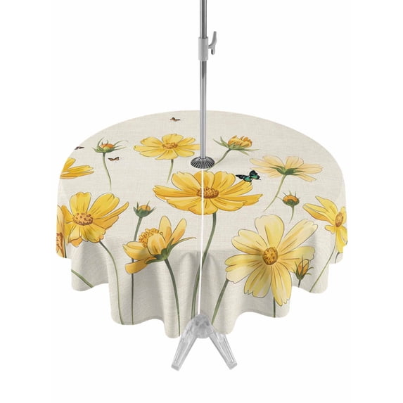Outdoor Tablecloths with Umbrella Hole & Zipper, Yellow Flowers Round Tablecloth 54 Inch, Spring Floral Butterflies Pastoral Waterproof Table Cloth, Patio/Pool/Picnic Table Covers