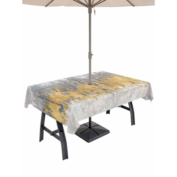 Outdoor Tablecloths with Umbrella Hole & Zipper, Yellow Grey Abstract Tablecloth Rectangle 60x84 Inch, Gradient Geometric Graffiti Modern Art Waterproof Table Cloth, Patio/Pool/Picnic Table Covers