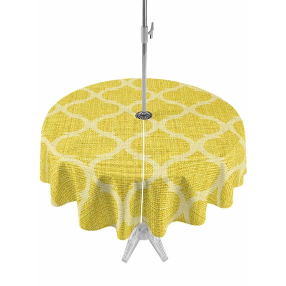 Outdoor Tablecloths with Umbrella Hole & Zipper, Yellow Morocco Round Tablecloth 54 Inch, Bohemia Nation Abstract Geometric Motifs Waterproof Table Cloth, Patio/Pool/Picnic Table Covers