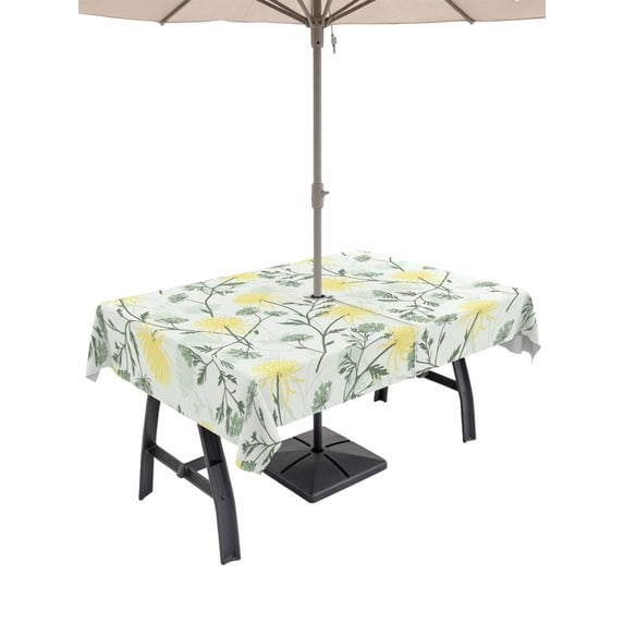 Outdoor Tablecloths with Umbrella Hole & Zipper, Yellow Spring Floral 54x80 Inch Tablecloth Rectangle, Flowers Leaves Pastoral Botanical Waterproof Table Cloth, Patio/Pool/Picnic Table Covers