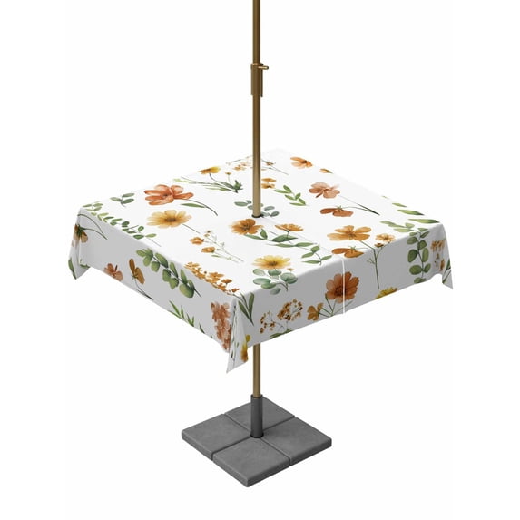 Outdoor Tablecloths with Umbrella Hole & Zipper, Yellow Spring Floral 60x60 Inch Square Tablecloths, Flowers Leaves Elegant Pastoral Waterproof Table Cloth, Patio/Pool/Picnic Table Covers