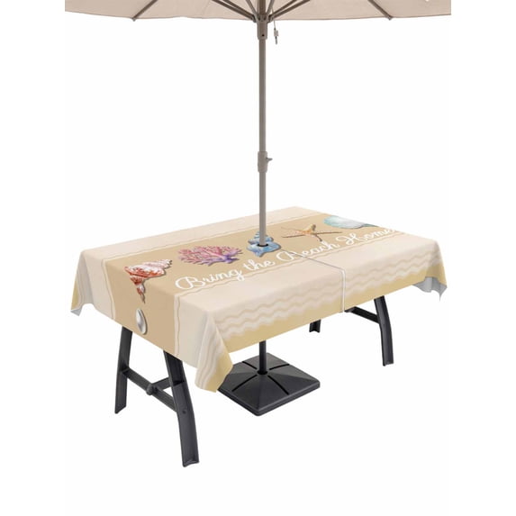 Outdoor Tablecloths with Umbrella Hole & Zipper, Yellow Summer Coastal Tablecloth Rectangle 60x84 Inch, Modern Ocean Waves Starfish Shell Waterproof Table Cloth, Patio/Pool/Picnic Table Covers