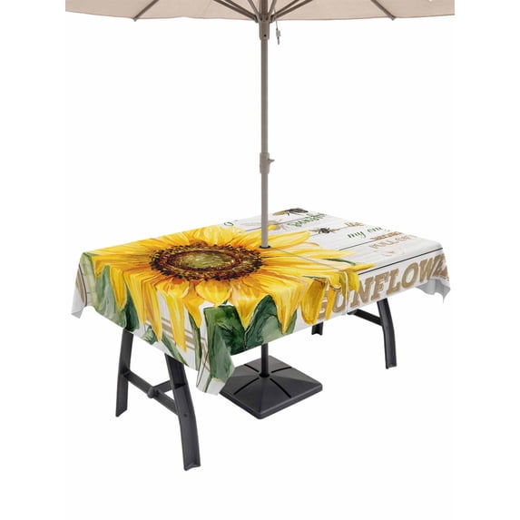 Outdoor Tablecloths with Umbrella Hole & Zipper, Yellow Sunflower Rectangle Tablecloth 60x120 Inch, Elegant Pastoral Floral Wooden Waterproof Table Cloth, Patio/Pool/Picnic Table Covers