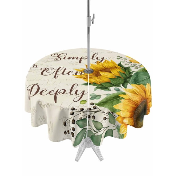 Outdoor Tablecloths with Umbrella Hole & Zipper, Yellow Sunflower Round Tablecloth 54 Inch, Summer Botanical Elegant Pastoral Floral Waterproof Table Cloth, Patio/Pool/Picnic Table Covers