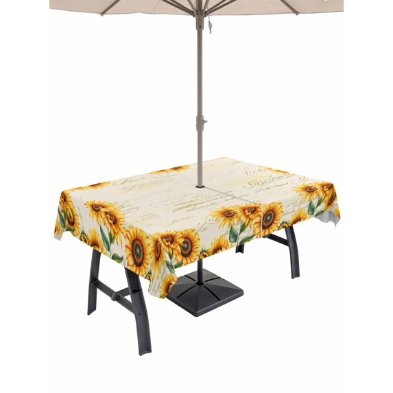 Outdoor Tablecloths with Umbrella Hole & Zipper, Yellow Sunflowers Rectangle Tablecloth 52x70 Inch, Farmhouse Rustic Botanical Floral Plants Waterproof Table Cloth, Patio/Pool/Picnic Table Covers