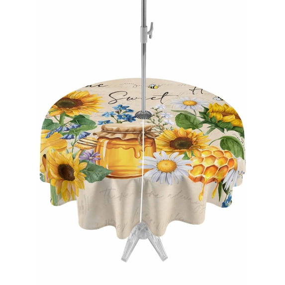 Outdoor Tablecloths with Umbrella Hole & Zipper, Yellow Sunflowers Round Tablecloths 60 Inch, Daisy Bees Elegant Farmhouse Floral Waterproof Table Cloth, Patio/Pool/Picnic Table Covers