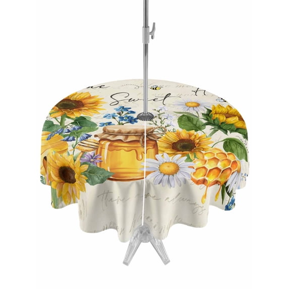 Outdoor Tablecloths with Umbrella Hole & Zipper, Yellow Sunflowers Round Tablecloths 60 Inch, Daisy Bees Elegant Pastoral Floral Waterproof Table Cloth, Patio/Pool/Picnic Table Covers