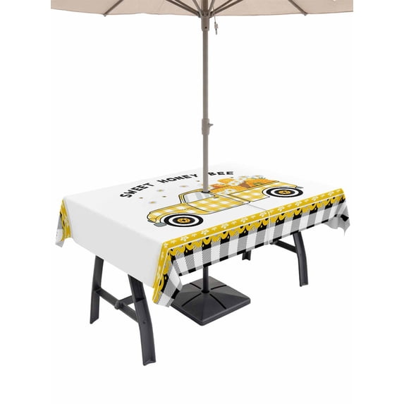 Outdoor Tablecloths with Umbrella Hole & Zipper, Yellow Truck Rectangle Tablecloth 52x70 Inch, Spring Bees Daisy Honey Black Buffalo Lattice Waterproof Table Cloth, Patio/Pool/Picnic Table Covers