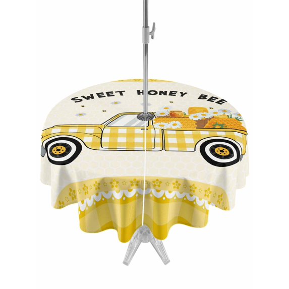 Outdoor Tablecloths with Umbrella Hole & Zipper, Yellow Truck Round Tablecloth 54 Inch, Spring Bees Daisy Car Star Buffalo Plaid Lines Waterproof Table Cloth, Patio/Pool/Picnic Table Covers