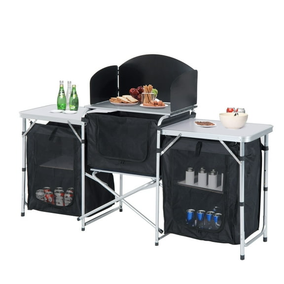 Outdoor Tables Outsunny Aluminum Portable Camping Kitchen Fold-Up Cooking Table With Windscreen and 3 Enclosed Cupboards for BBQ, Party, Picnics, Backyards,Patio Tables