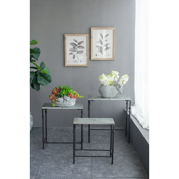 Outdoor Tables Set of 3 The Gilbert Nesting Tables Metal Plant Stand, L:24x14x26" M:21.5x11.5x23" S:19x9x20",Patio Tables