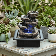 Outdoor Tabletop Water Fountain with LED Light, 5-Tier Cascading Rock Bowls Desktop Fountain, Weather-Resistant Resin Zen Waterfall for Patio, Garden, Deck, Balcony Decor