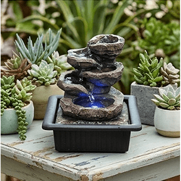 Outdoor Tabletop Water Fountain with LED Light, 5-Tier Cascading Rock Bowls Desktop Fountain, Weather-Resistant Resin Zen Waterfall for Patio, Garden, Deck, Balcony Decor