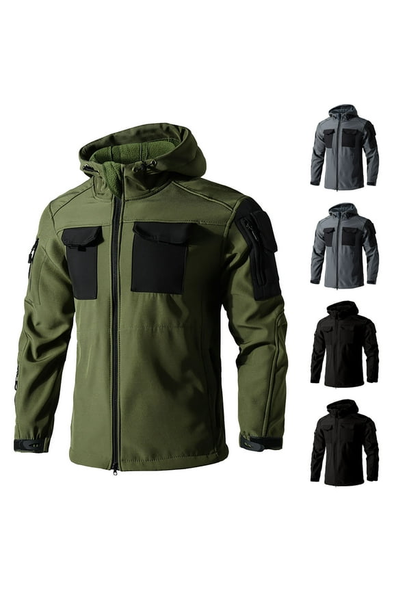 Outdoor Hooded Jacket for Men with Pockets Big and Tall Solid Color Long Sleeve Warm Velvet Sport Work Jacket Coat Black L