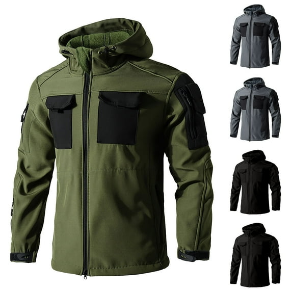 Outdoor Hooded Jacket for Men with Pockets Big and Tall Solid Color Long Sleeve Warm Velvet Sport Work Jacket Coat Black S