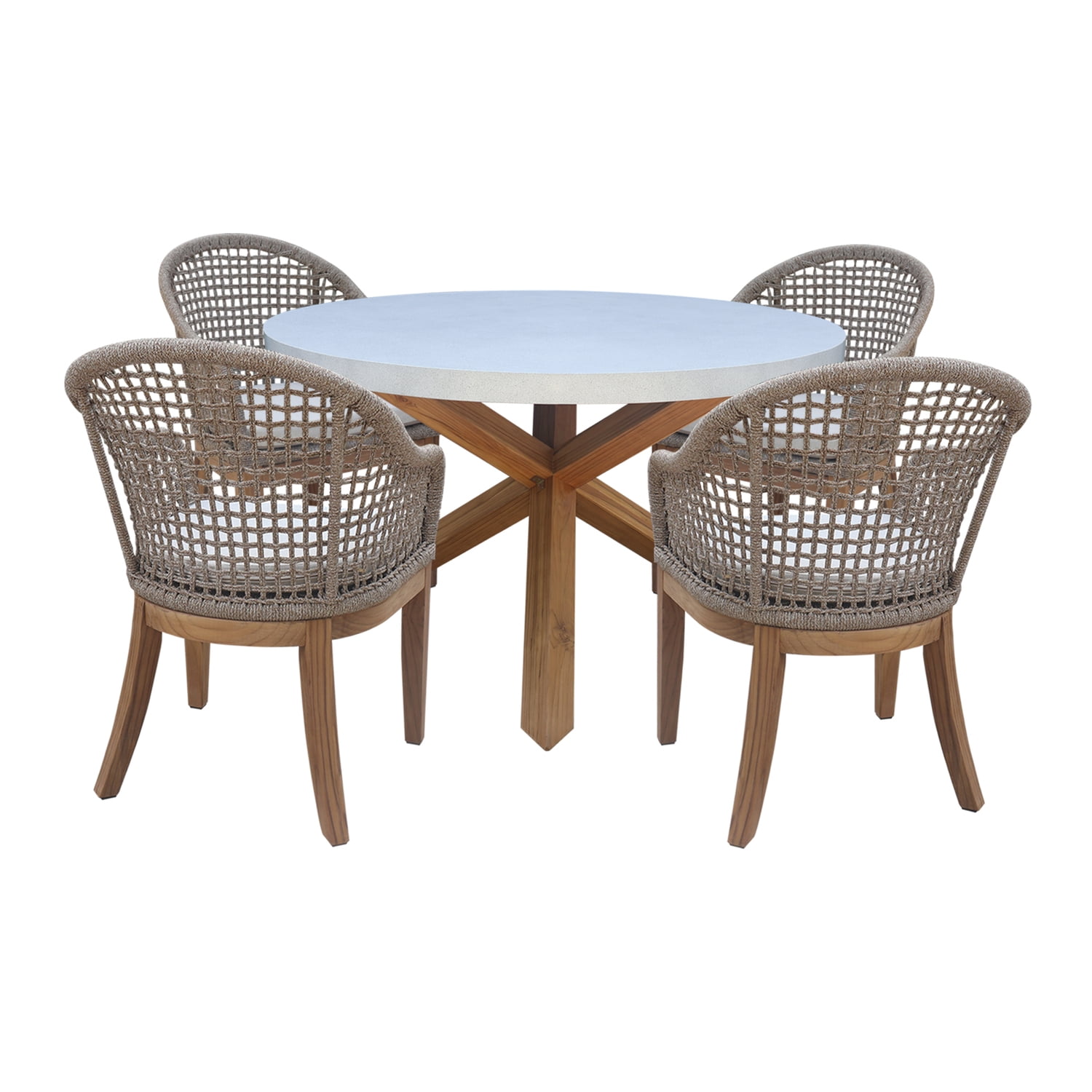 Teak and Polystone 5-Piece Round Patio Dining Set with Cushions